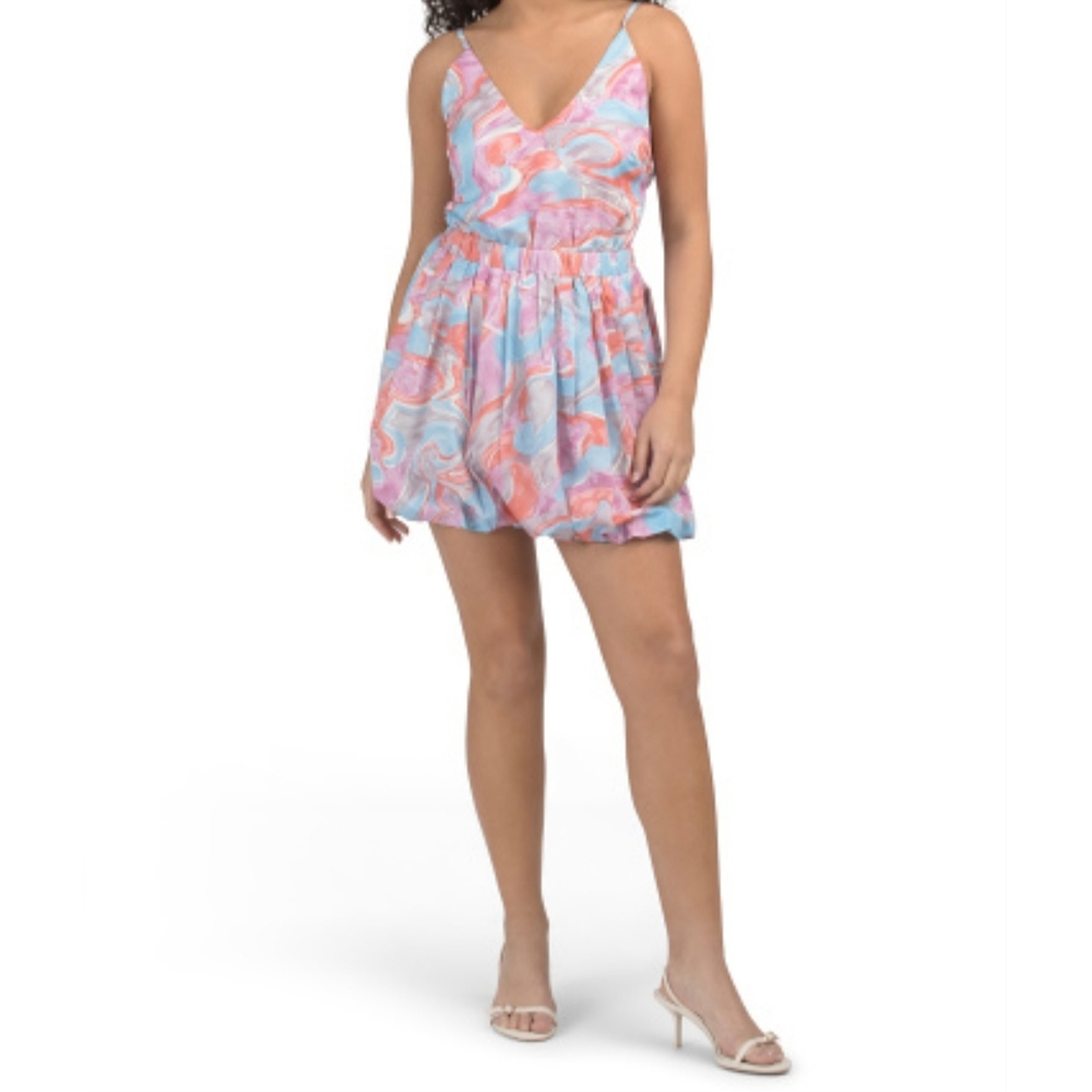 CLOUD TEN Women’s Printed V-Neck Mini Dress – Adjustable Straps, Bubble Hem, Cut